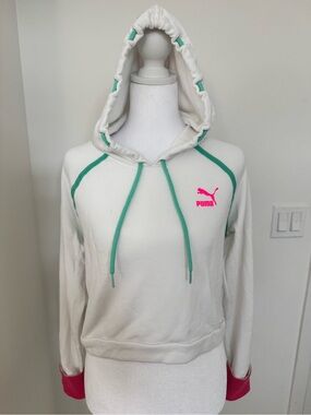 Puma White Hoodie with Teal Trim and Pink Logo